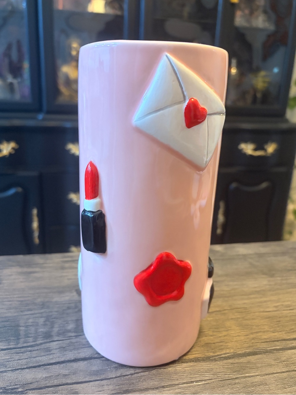 Pink Ceramic Vase with Red Lipstick, makeup brush,Seal Accents and more -9”x4”
